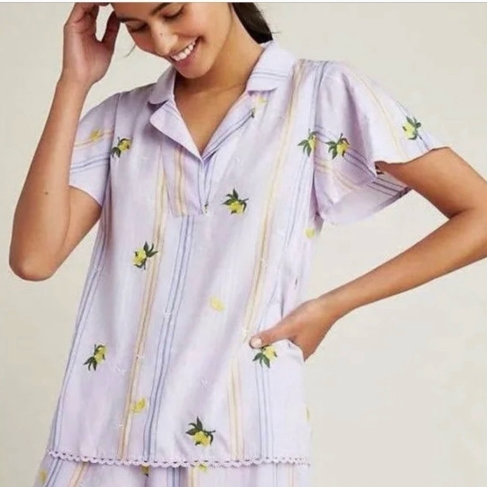 BY ANTHROPOLOGIE Women’s Purple Stripe Lemon Stars Embroidered Pajama Top Size S